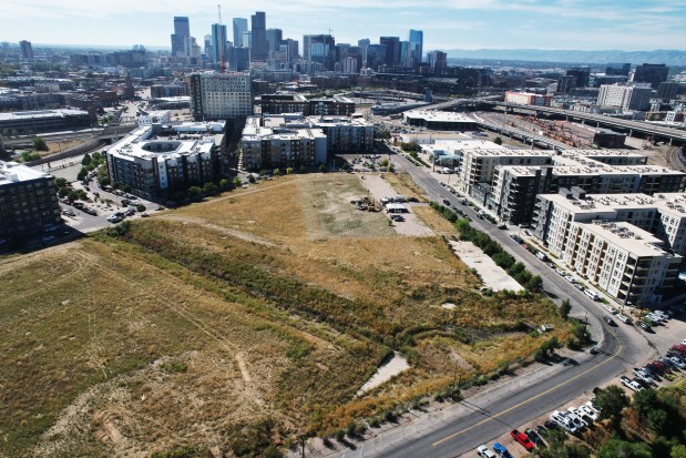 Denargo Market, a new four-acre park area that is the first phase of Denver's largest infill development project, is seen from above on Thursday, Sept. 28, 2023. The development will cover 17 acres and add 3 million square feet of commercial and residential space in the River North Art District. (Photo by Hyoung Chang/The Denver Post)